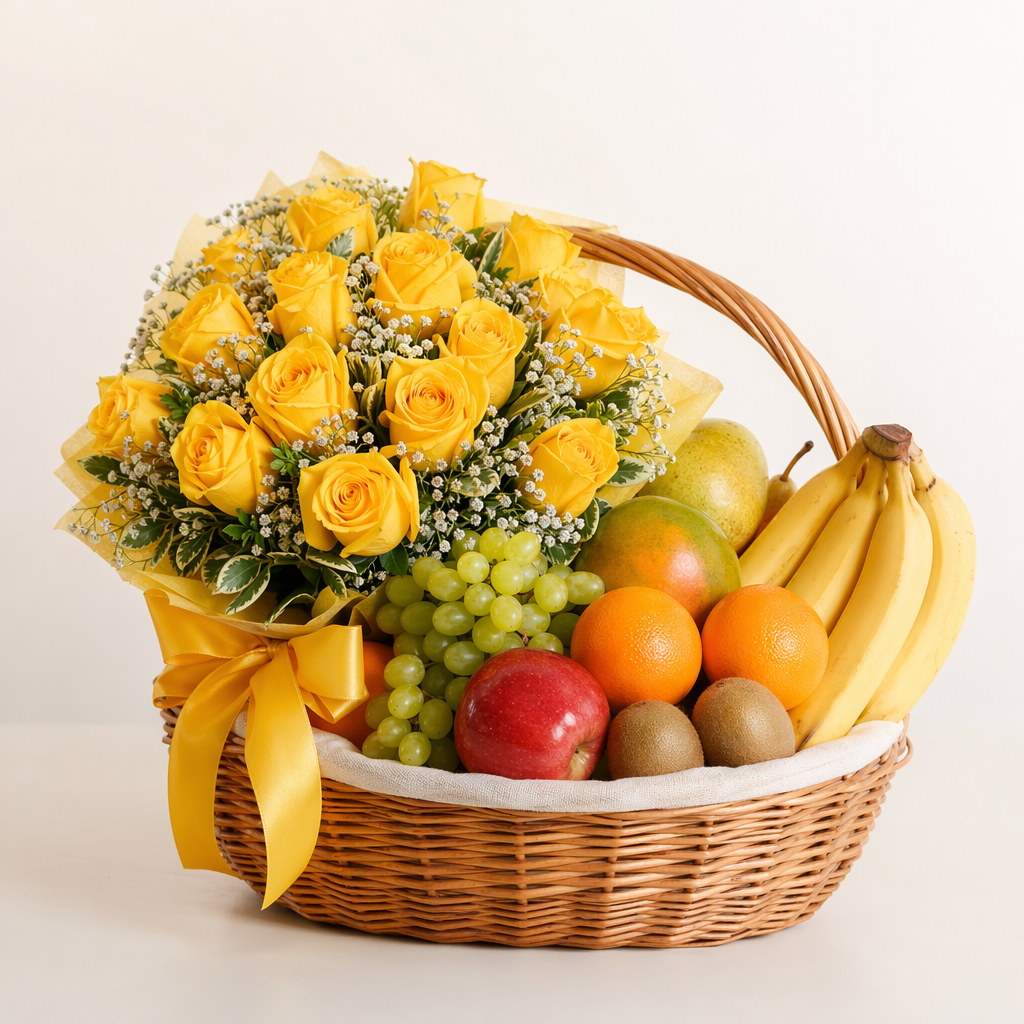 Yellow Roses & Fresh Fruit Basket